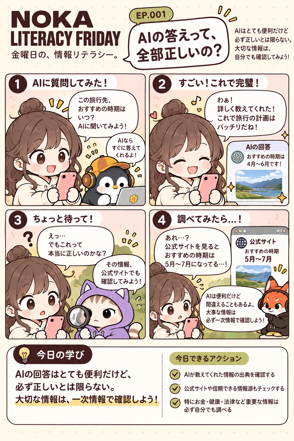 第1話の4コマ漫画。AIの答えを鵜呑みにせず、公式情報で確認する大切さを学ぶ。